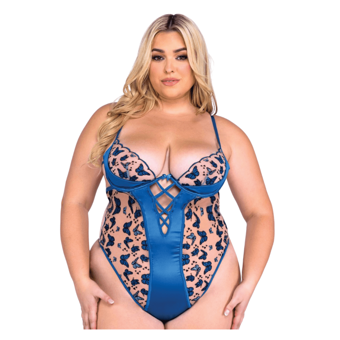 Plus Size Blue Butterfly Lace-Up Bodysuit Xoxomoving