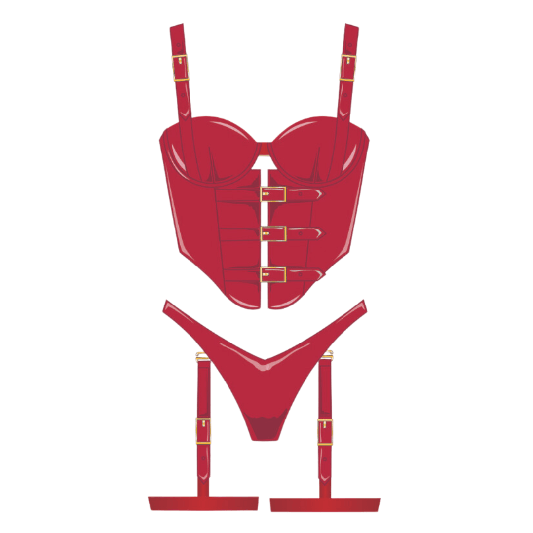 Wet Look Buckle Corset Lingerie Set Xoxomoving