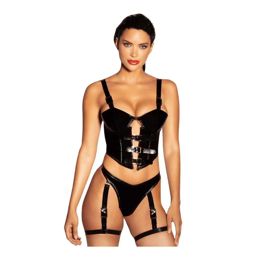 Wet Look Buckle Corset Lingerie Set Xoxomoving