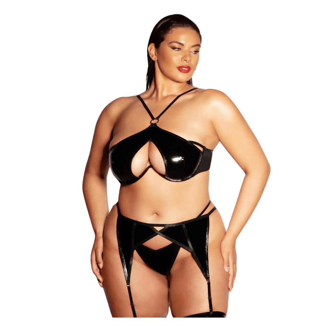 Plus Size Black Patent Leather Lingerie Set Xoxomoving
