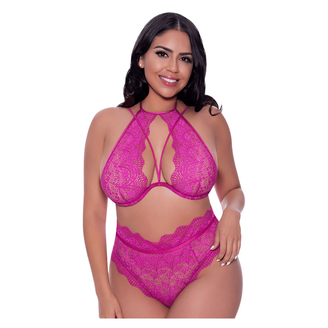 Plus Size Fuchsia Lace Halter Lingerie Set Xoxomoving