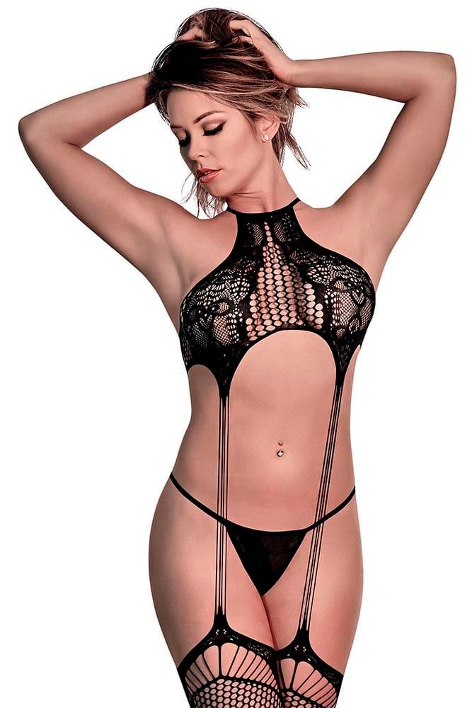 Club Seamless Gartered Body Stocking & G-String - Black - O/S Xoxomoving