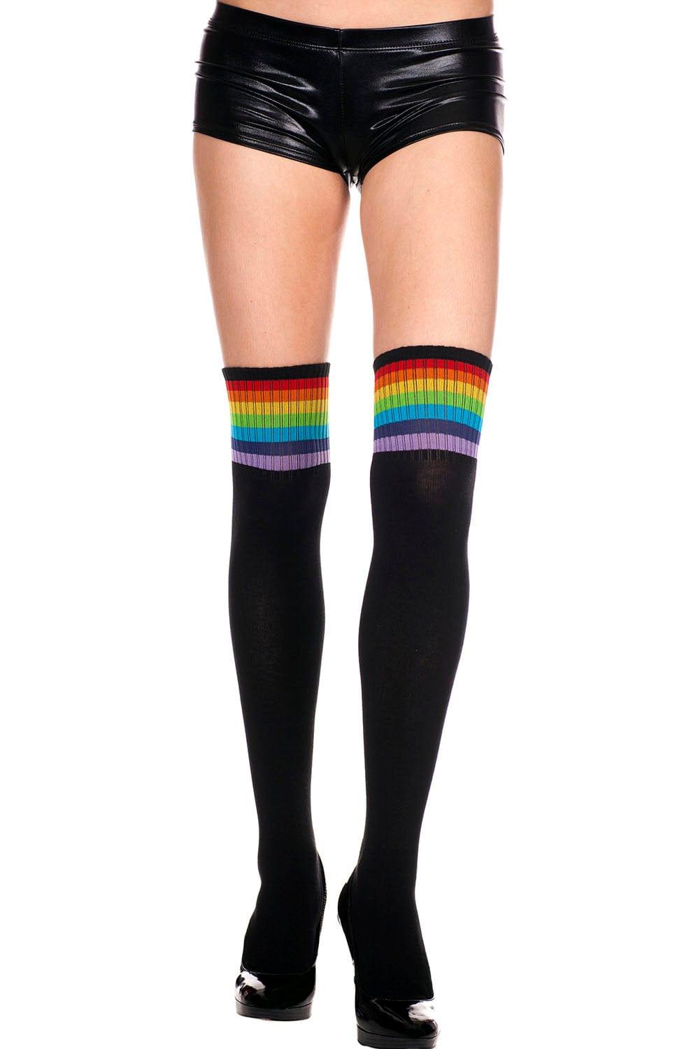 Music Legs Striped Acrylic Thigh High - Black W/ Rainbow - O/S Xoxomoving