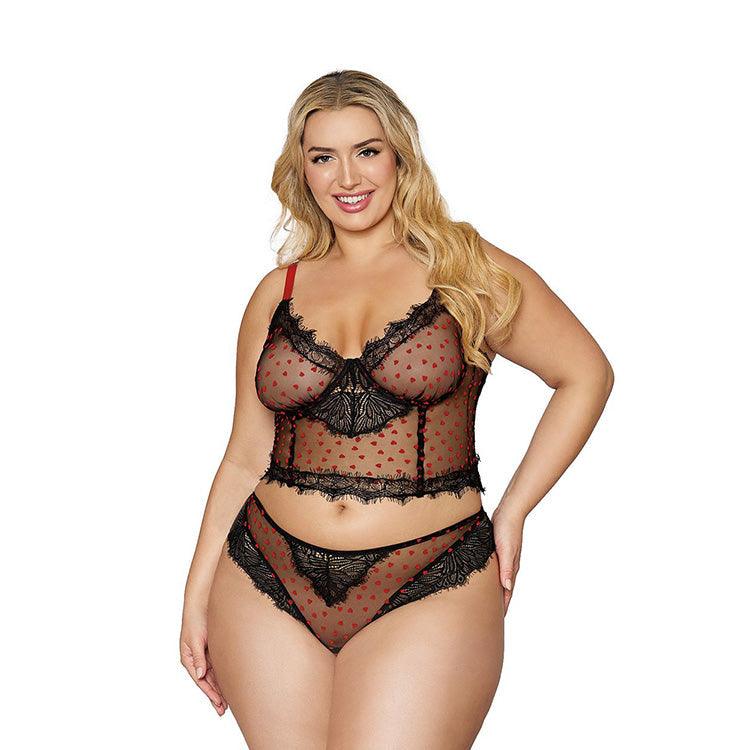 Flocked Heart Mesh & Lace Bustier Set Xoxomoving