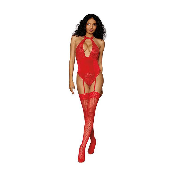Holiday Velvet & Lace Garter Teddy Xoxomoving