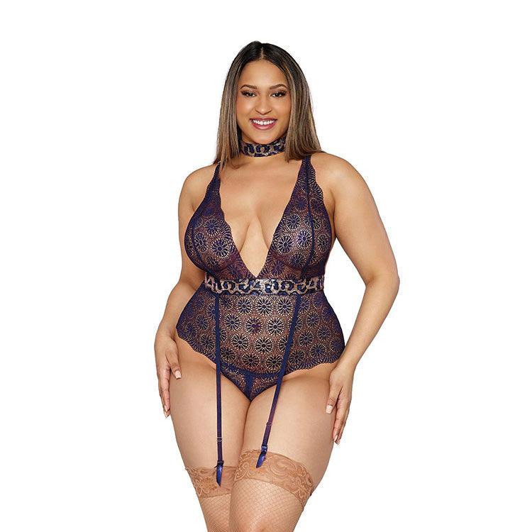 Lace Garter Teddy with Sequined Animal Print Details Xoxomoving