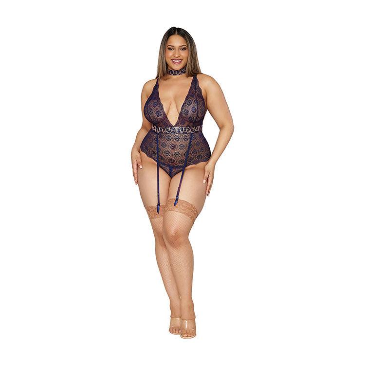 Lace Garter Teddy with Sequined Animal Print Details Xoxomoving