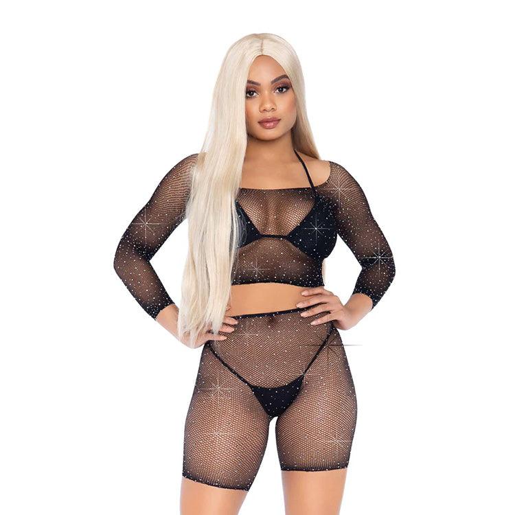Rhinestone Fishnet Crop Top & Shorts Set Xoxomoving