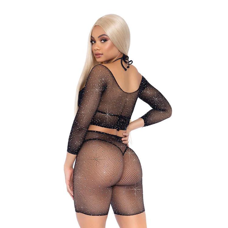 Rhinestone Fishnet Crop Top & Shorts Set Xoxomoving