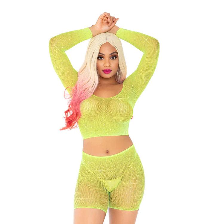 Rhinestone Fishnet Crop Top & Shorts Set Xoxomoving