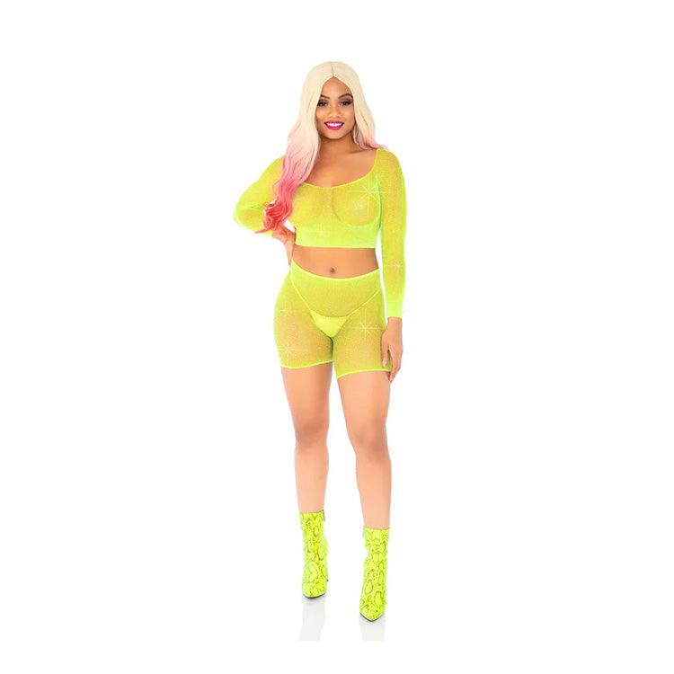 Rhinestone Fishnet Crop Top & Shorts Set Xoxomoving