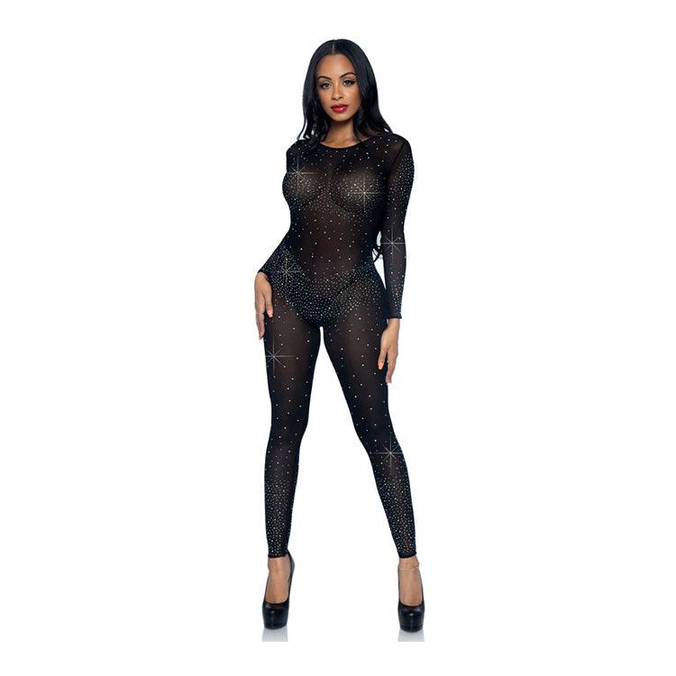 Sheer Rhinestone Long Sleeve Catsuit Xoxomoving