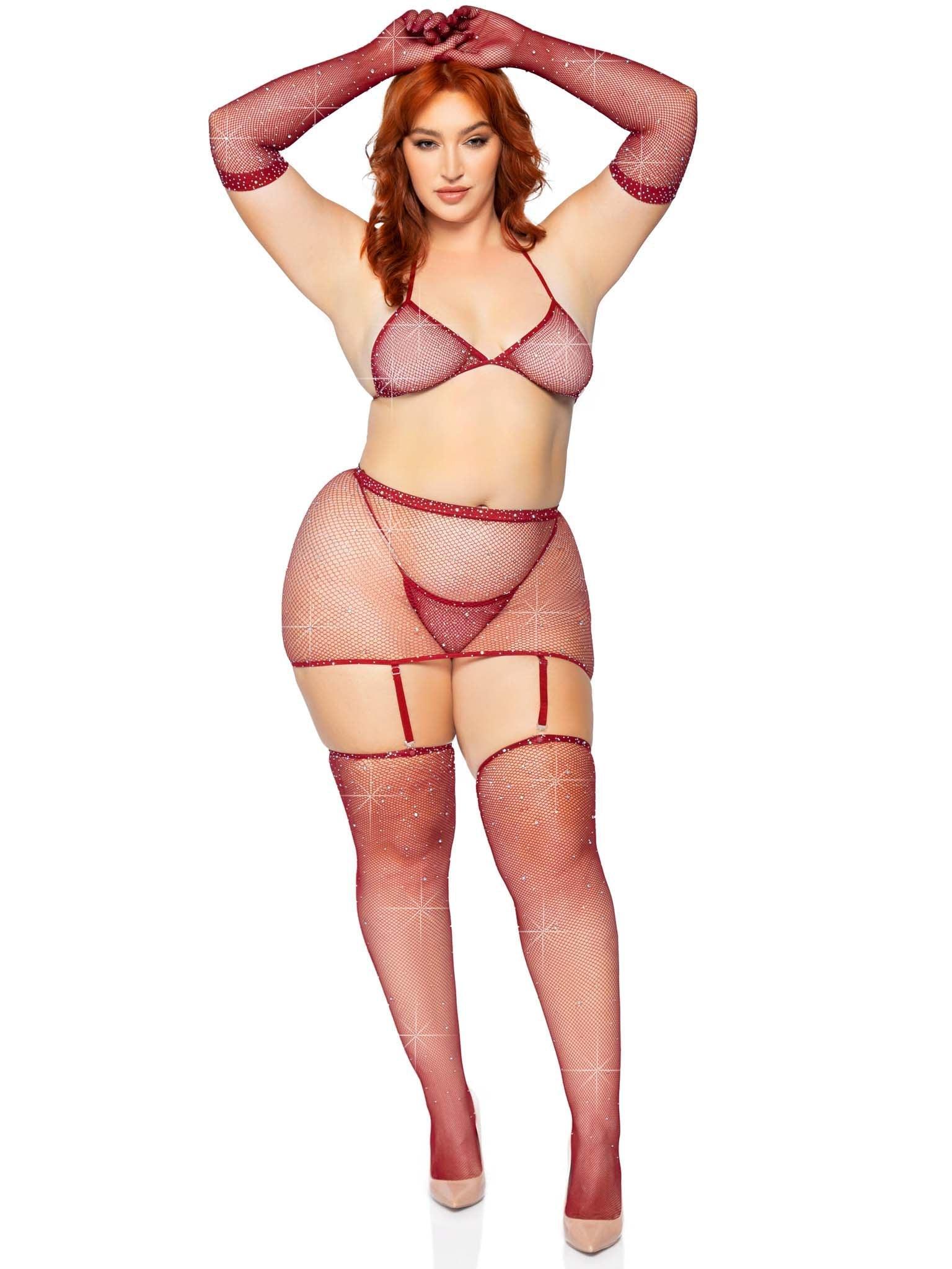 Rhinestone Fishnet 5-Piece Lingerie Set - Multiple Colors Available! - Xoxomoving