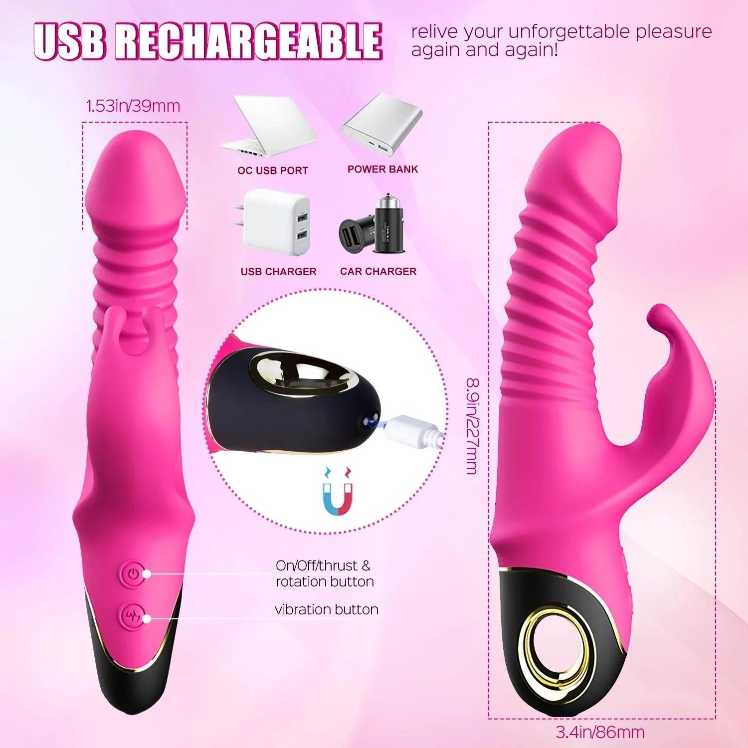 3-in-1 Multi-function Ergonomic Rabbit Vibrator - Thrusting, Rotating, Clit Vibrating Modes - Xoxomoving