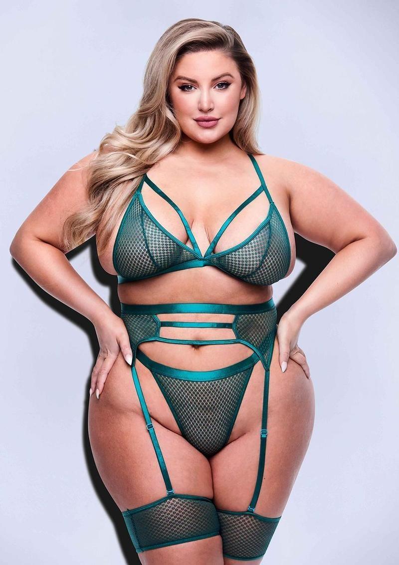 3 Piece Green Strappy Bra, Garter & Panty Set - Xoxomoving