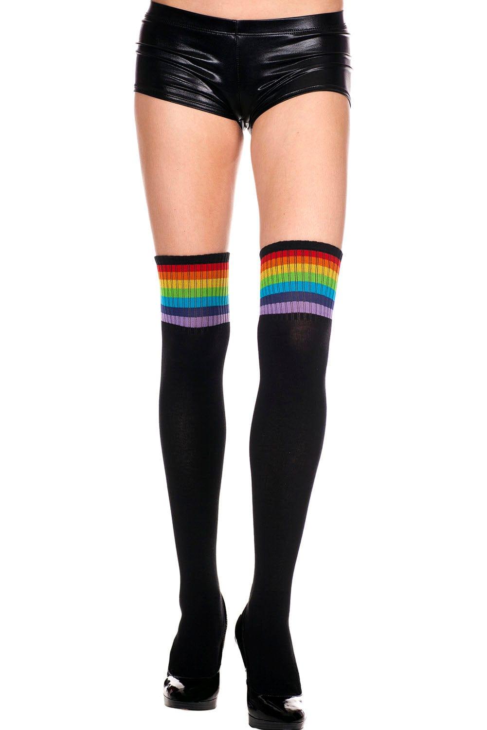 Music Legs Striped Acrylic Thigh High - Black W/ Rainbow - O/S