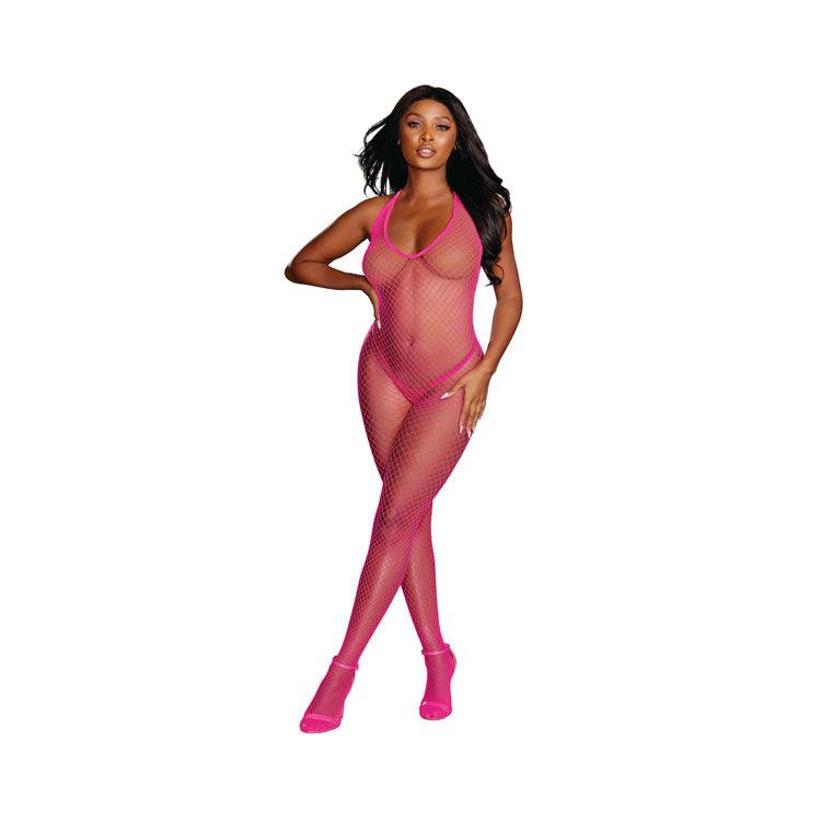 Bodystocking sin entrepierna con red de diamantes en rosa neón