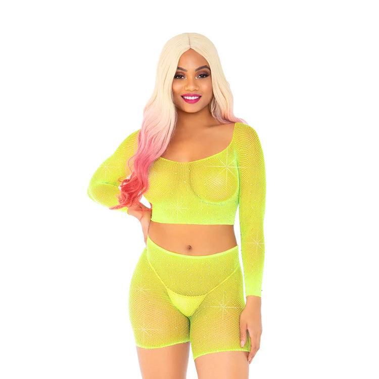 Rhinestone Fishnet Crop Top & Shorts Set Xoxomoving