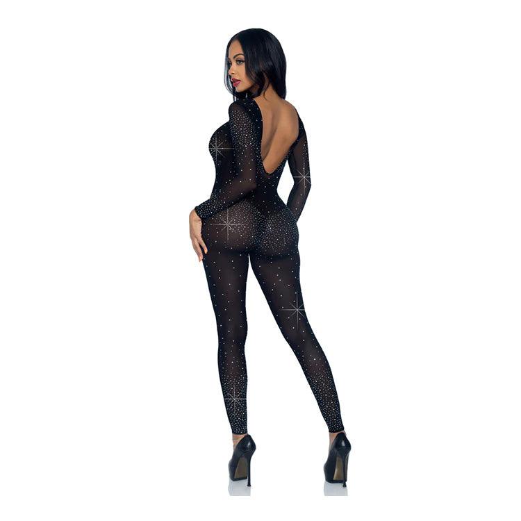 Sheer Rhinestone Long Sleeve Catsuit Xoxomoving