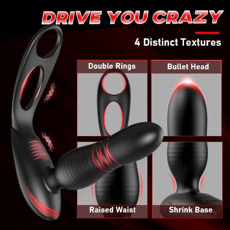 Alston Low Noise 10 Thrusting & Vibrating Double Cock Rings Silicone Prostate Massager - Xoxomoving