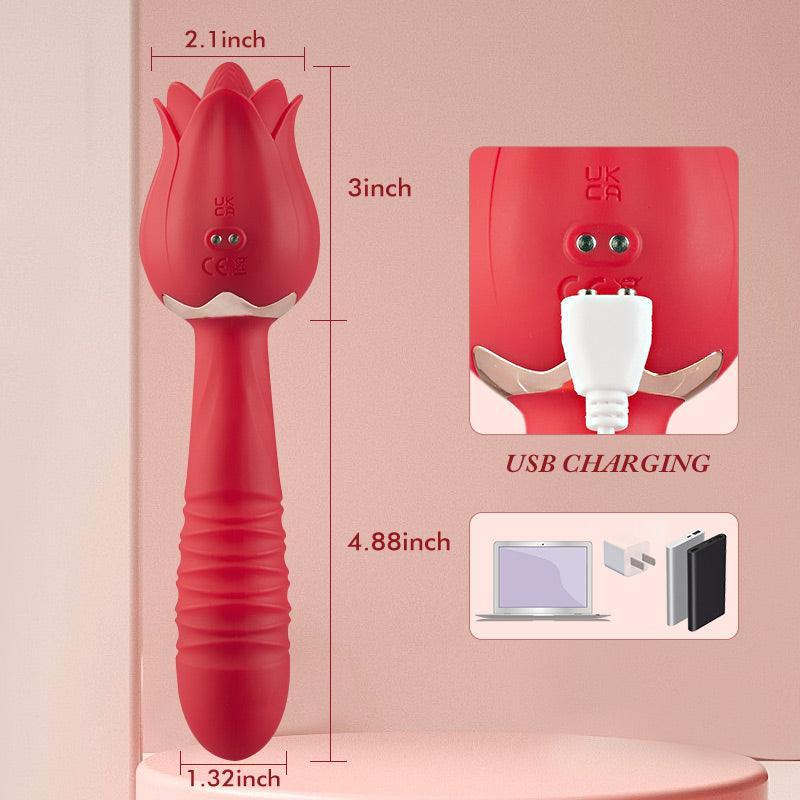 Xoxomoving Red Rose Low Noise 5 Thrusting & Vibrating 7 Tongue Licking Vibrator - Xoxomoving