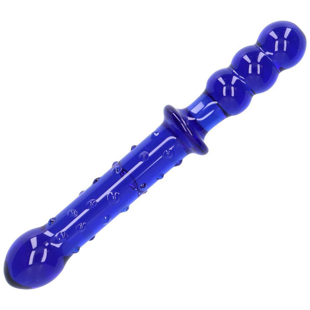 Blue Textured Dual-Ended Glass Dildo - Xoxomoving