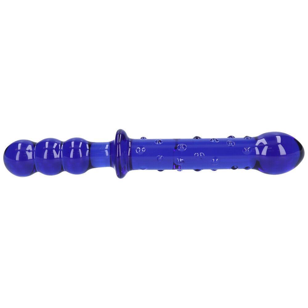 Blue Textured Dual-Ended Glass Dildo - Xoxomoving