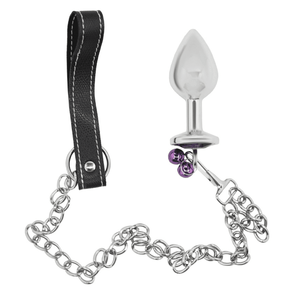 Bondage Leash Metal Butt Plug With Jewel - Xoxomoving