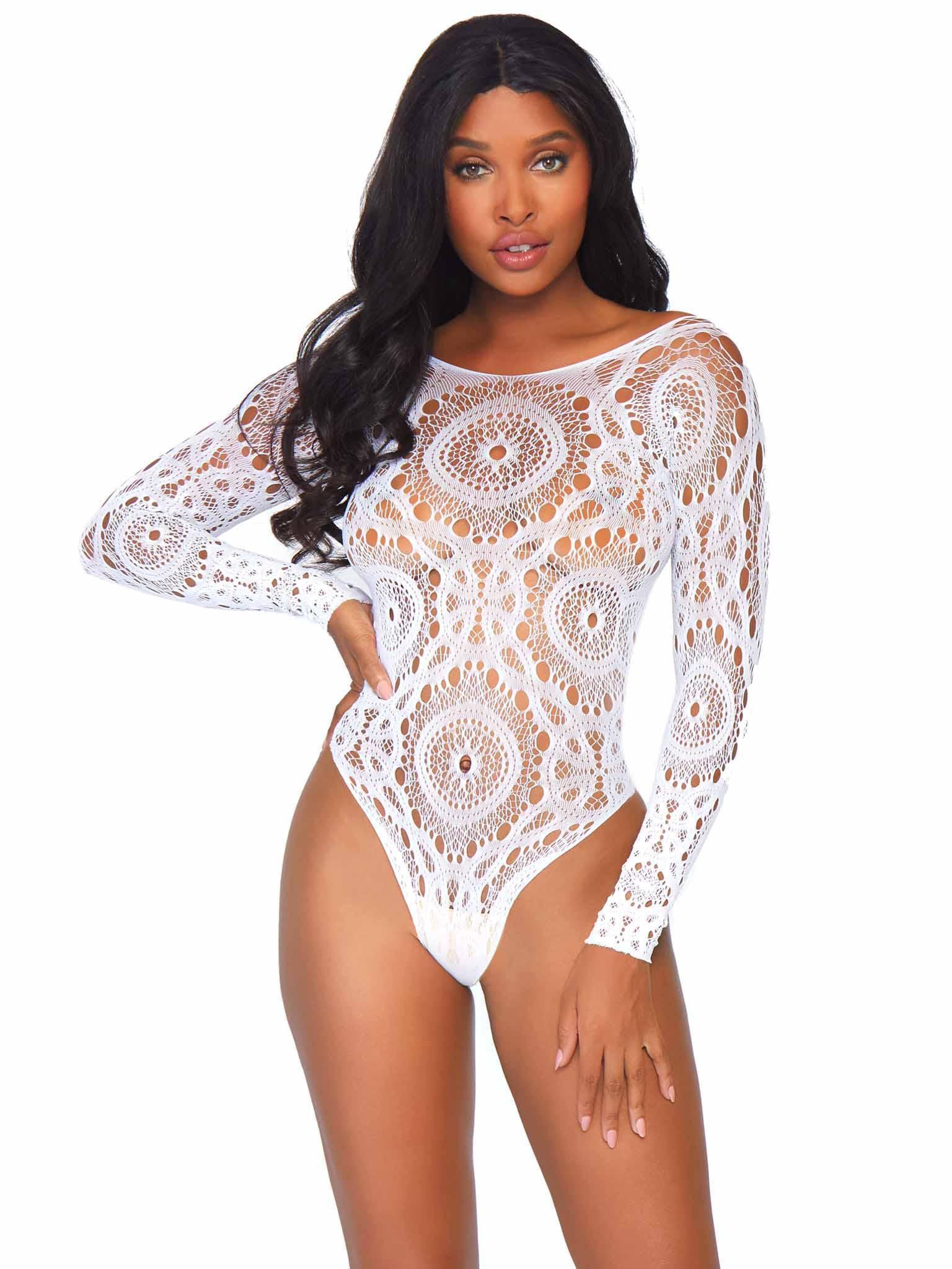 Crochet Lace Long Sleeved Teddy Bodysuit - Xoxomoving