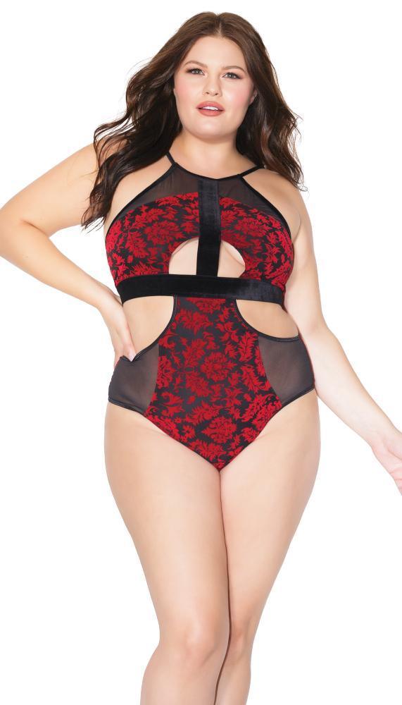 Elegant Floral Embroidered And Mesh Cutout Halter Teddy - Xoxomoving