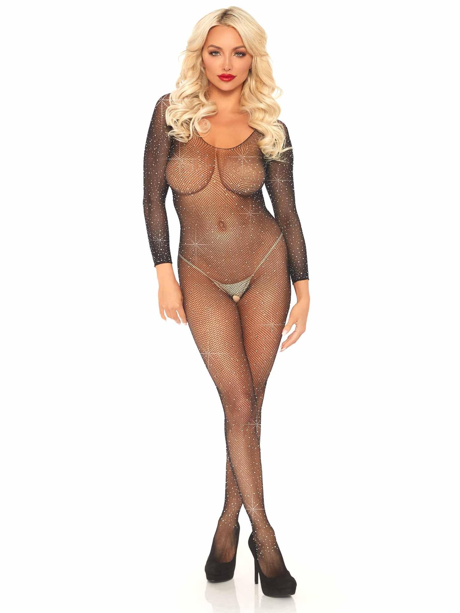 Leg Avenue Fishnet Rhinestone Crotchless Bodystocking - Xoxomoving