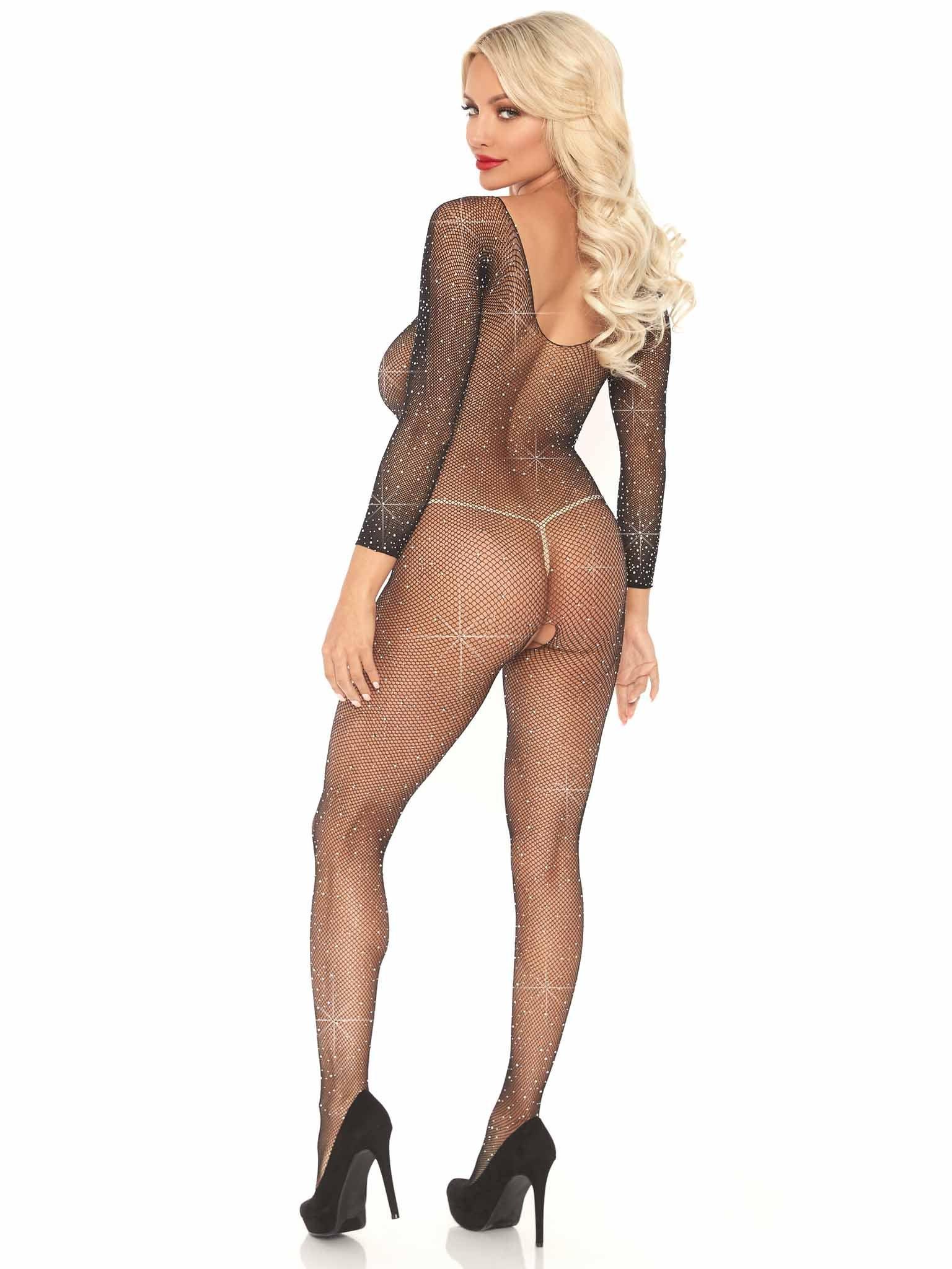 Leg Avenue Fishnet Rhinestone Crotchless Bodystocking - Xoxomoving