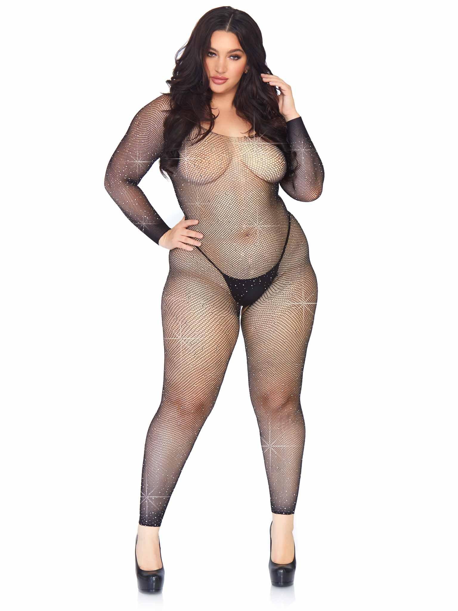 Leg Avenue Fishnet Rhinestone Crotchless Bodystocking - Xoxomoving