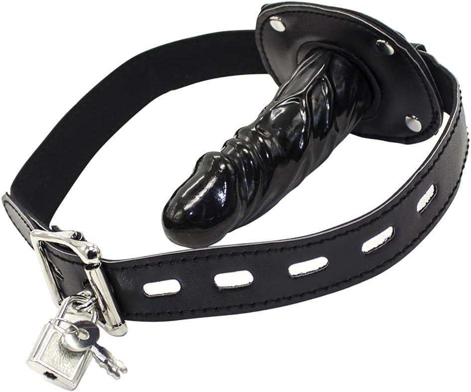 Lockable Dildo Mouth Gag SM Fantasy Sex Toy - Adjustable Leather Strap On - Xoxomoving