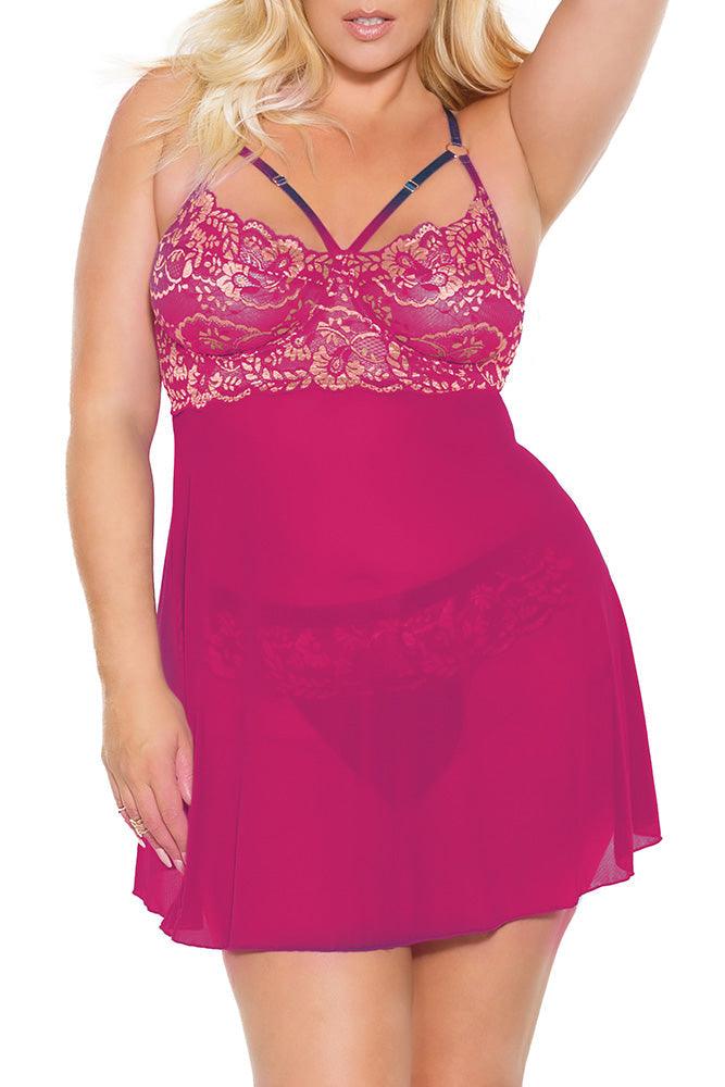 Pink Pussycat Pink Gold Trimmed Babydoll & Thong in 3X/4X - Xoxomoving