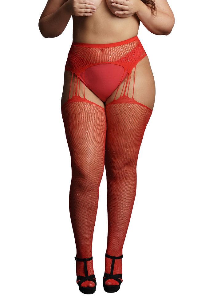 Le Désir Red Suspender Rhinestone Pantyhose XL - Xoxomoving