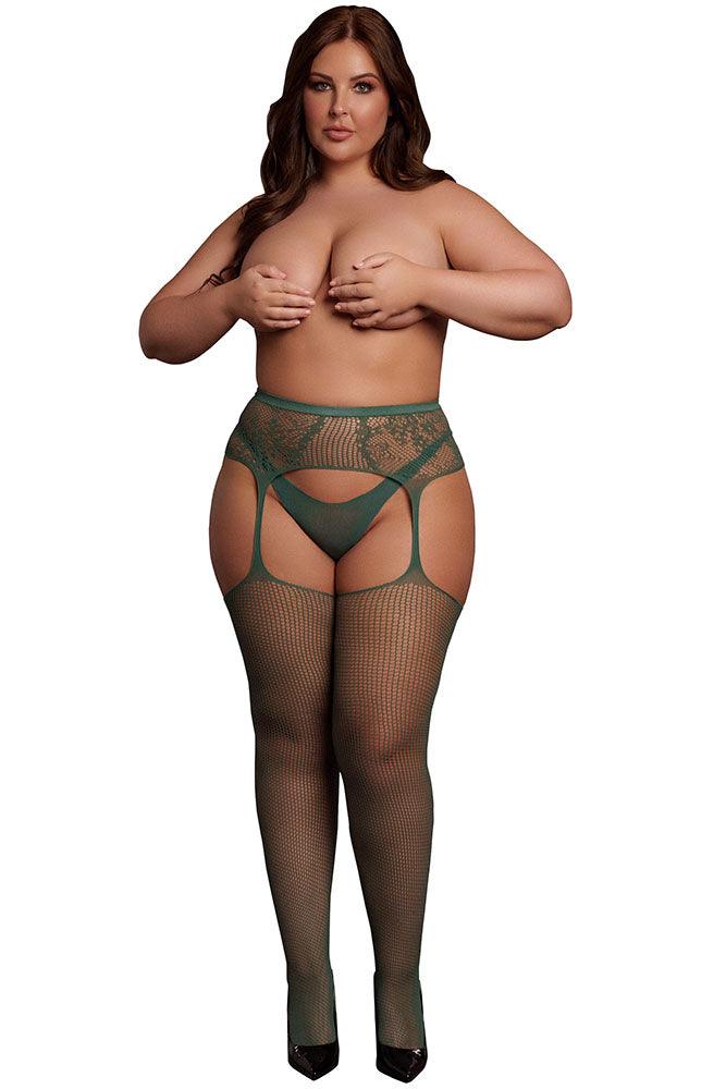 Le Désir Green Fishnet & Lace Garter Belt Combo XL - Xoxomoving