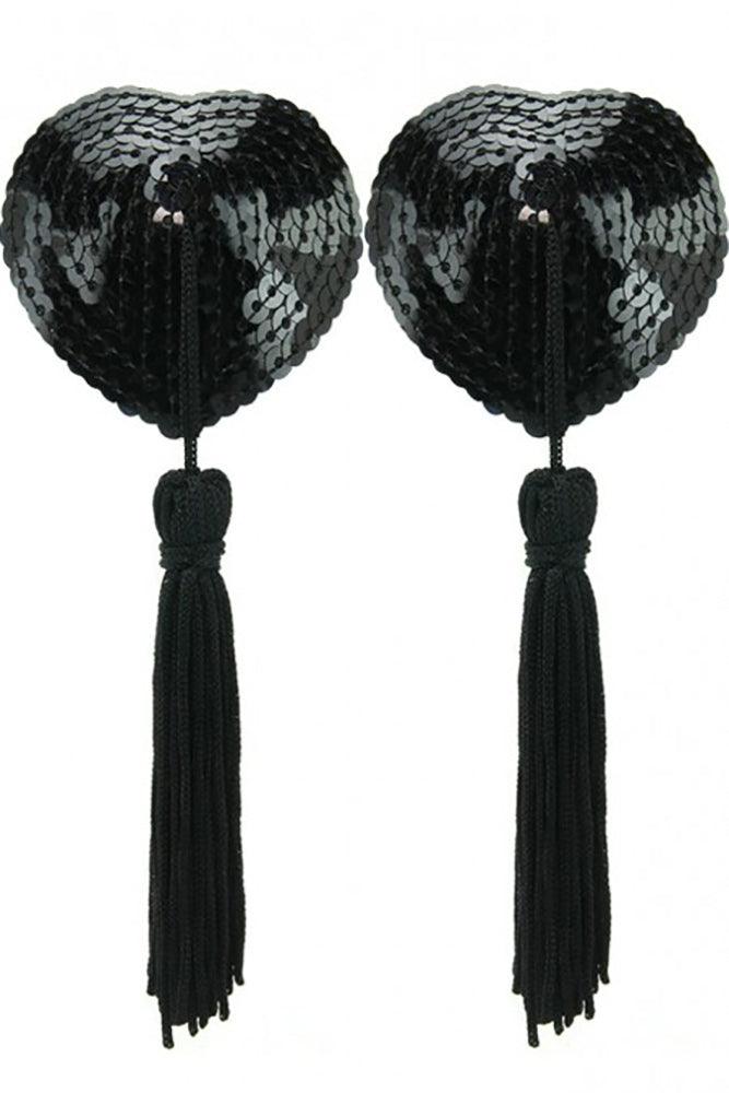 Sequined Heart Pasties With Tassels in Black - Xoxomoving