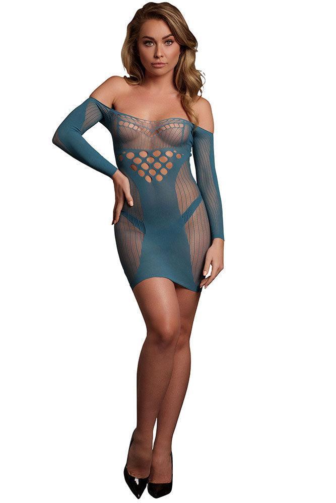 Le Désir Long Sleeve Blue Net Mini Dress - Xoxomoving