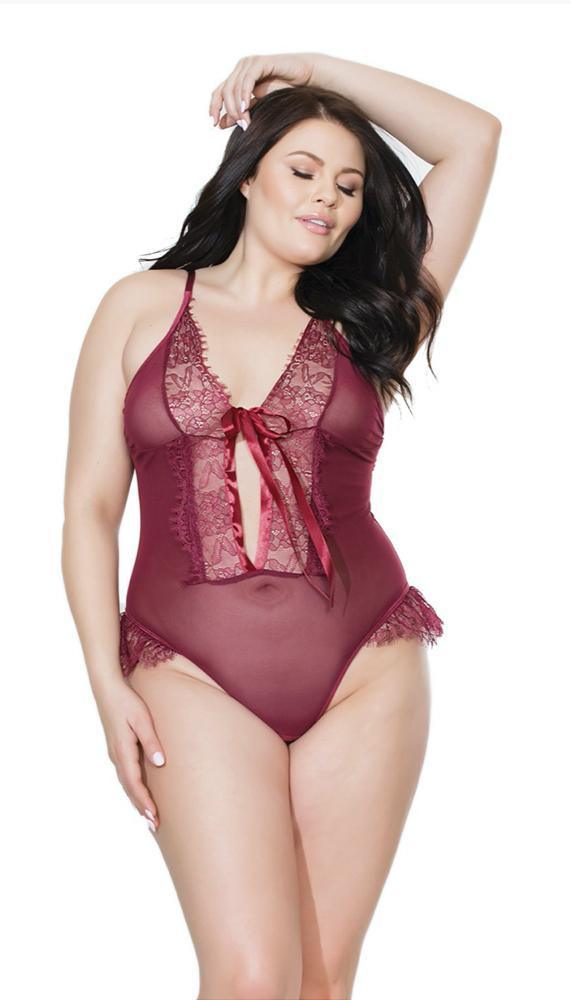 Merlot Fine Lace & Mesh Crotchless Teddy - Xoxomoving