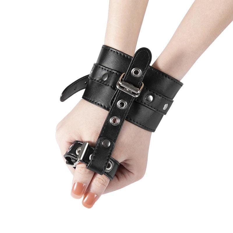 Prisoner Faux Leather Wrist Cuffs with Thumb Cuffs - Restrained Desire - Xoxomoving