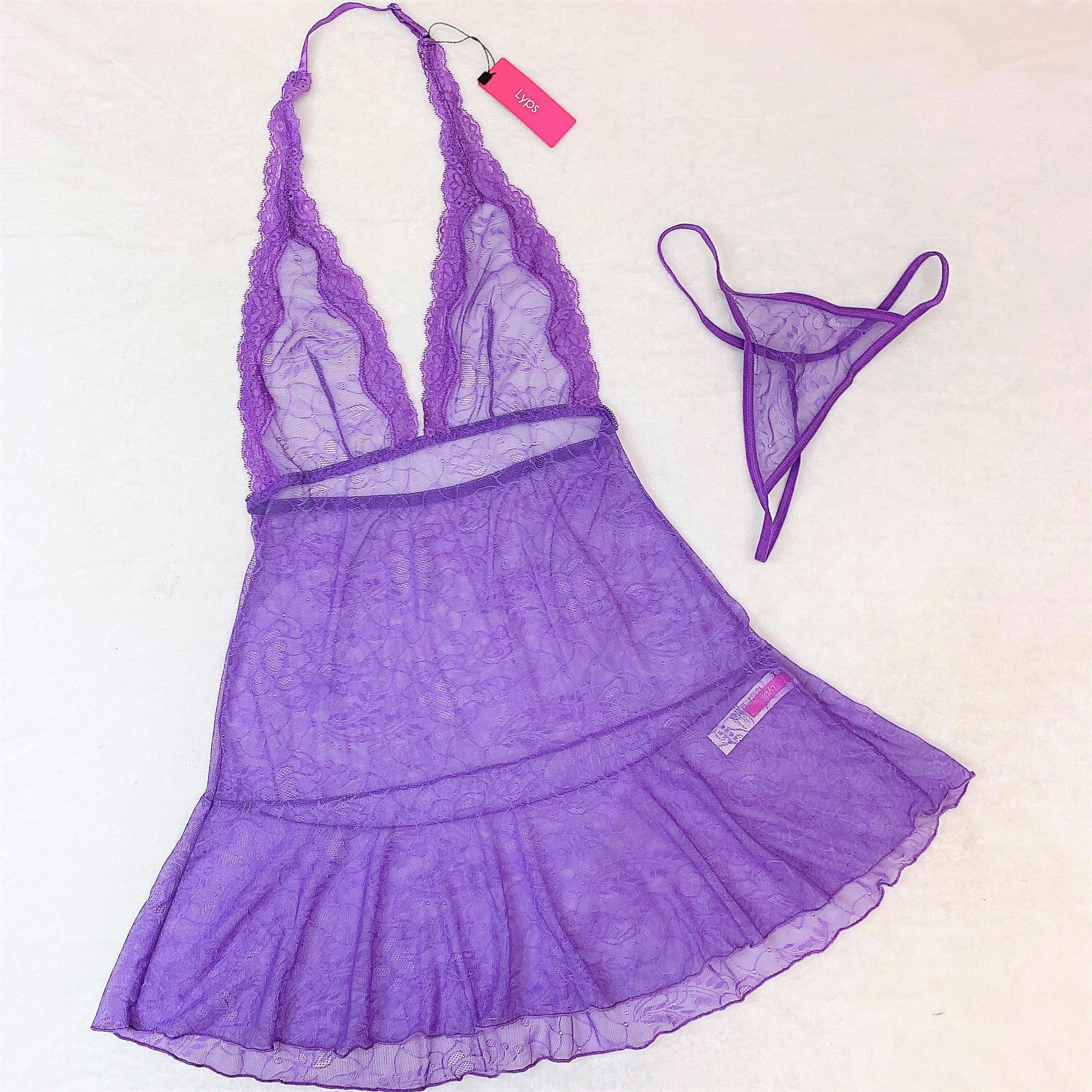 Purple Lace Halter Chemise Lingerie Set - Alluring Sophistication - Xoxomoving