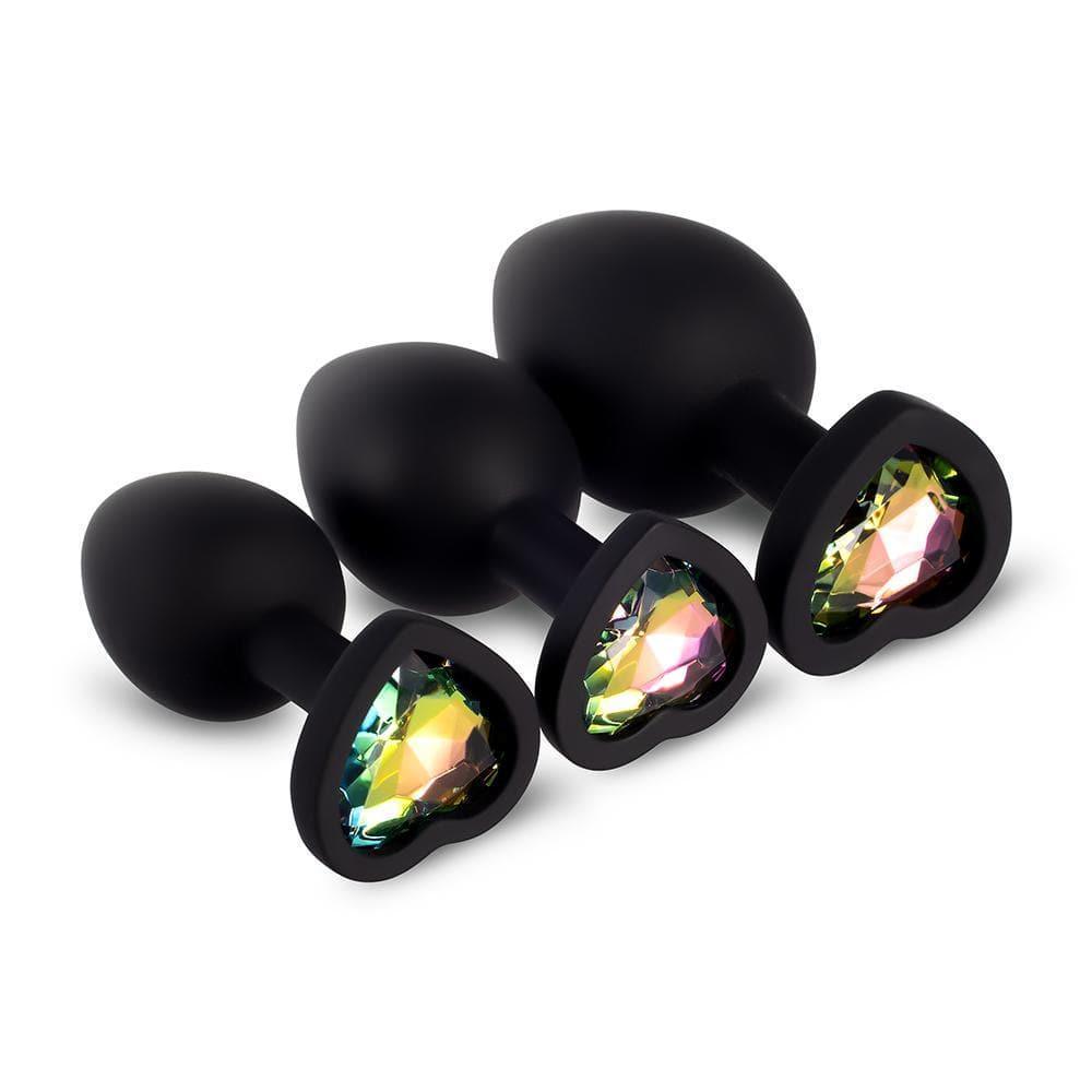 Rainbow Gem Black Silicone Butt Plug Set - Xoxomoving