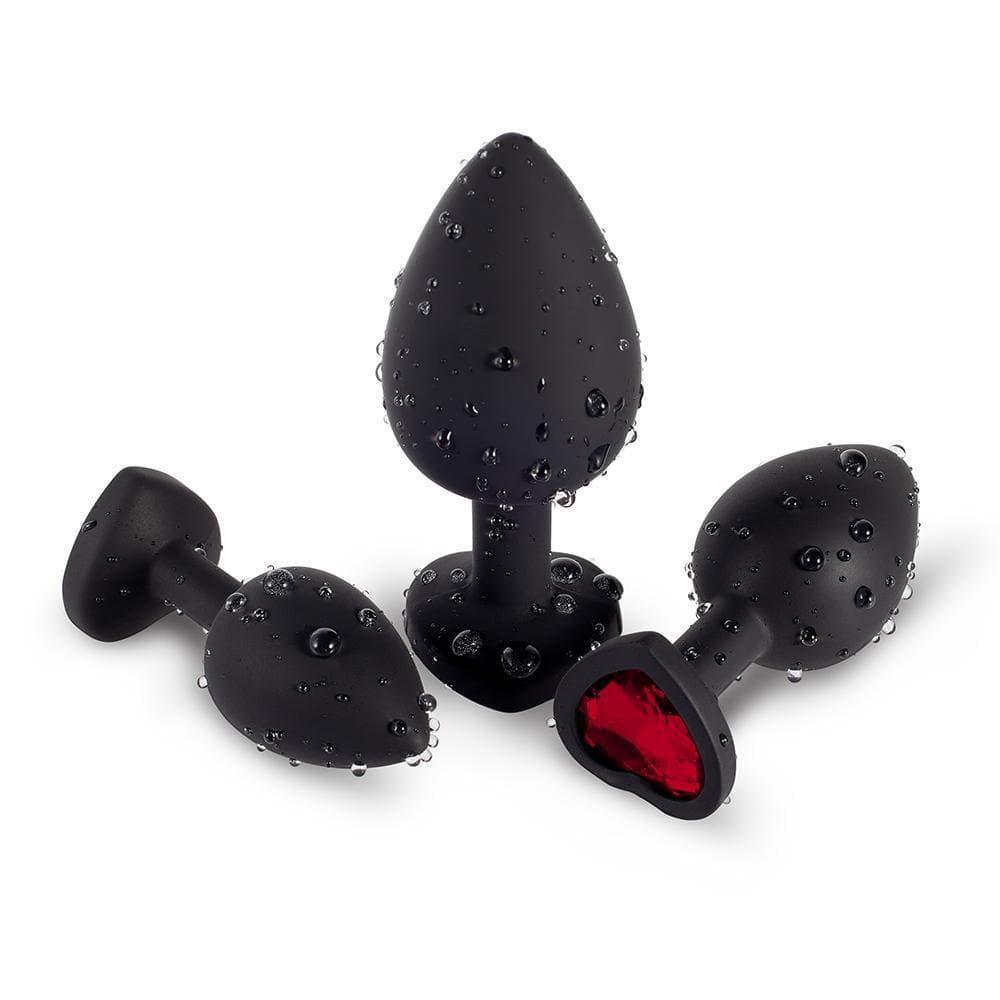 Red Gem Black Silicone Butt Plug Set - Xoxomoving