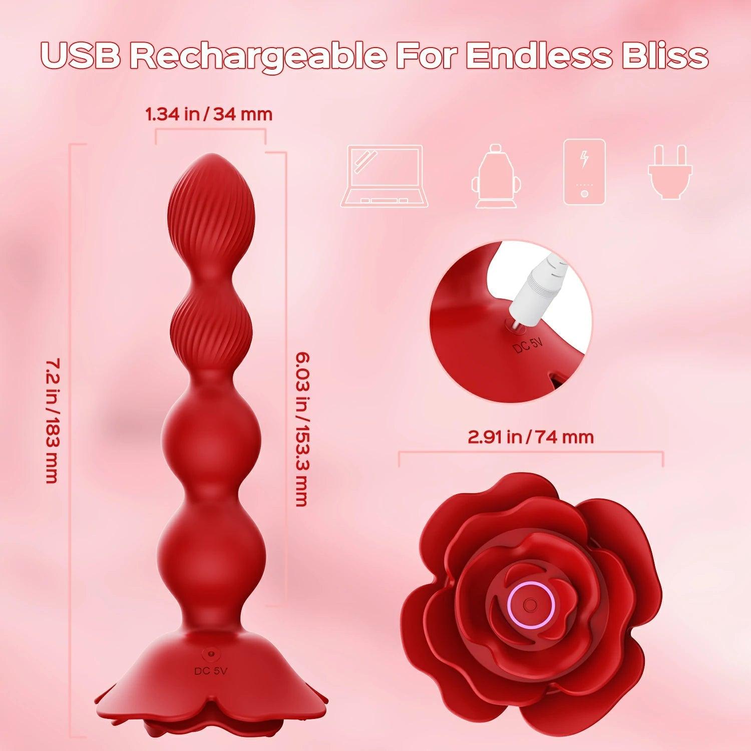 Remote Control Rose Rotating Beads Butt Plug Vibrator - Anal Pleasure at Your Command - Xoxomoving