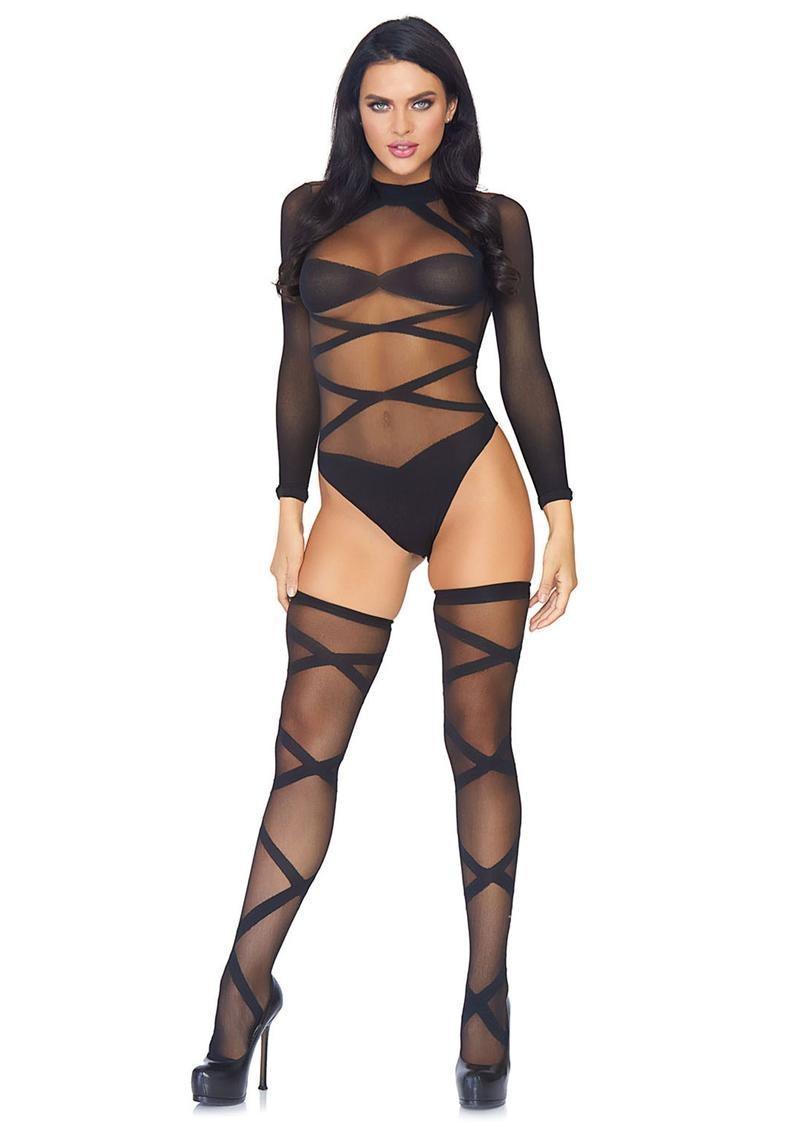 Sheer Criss Cross Teddy and Matching Thigh High Set - Xoxomoving