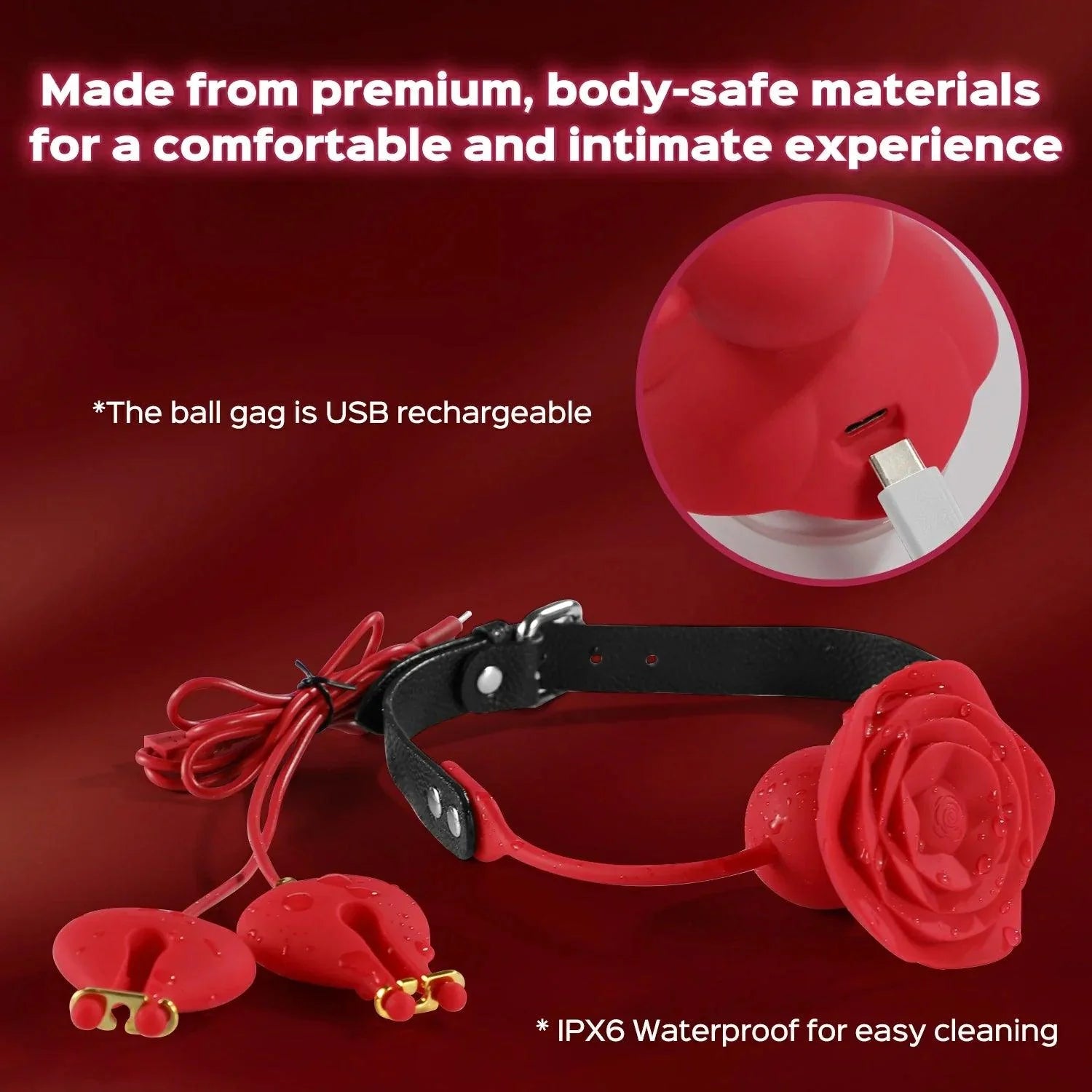 Sweet Surrender - Rose Ball Gag with Leash & Vibrating Nipple Clamps - Xoxomoving