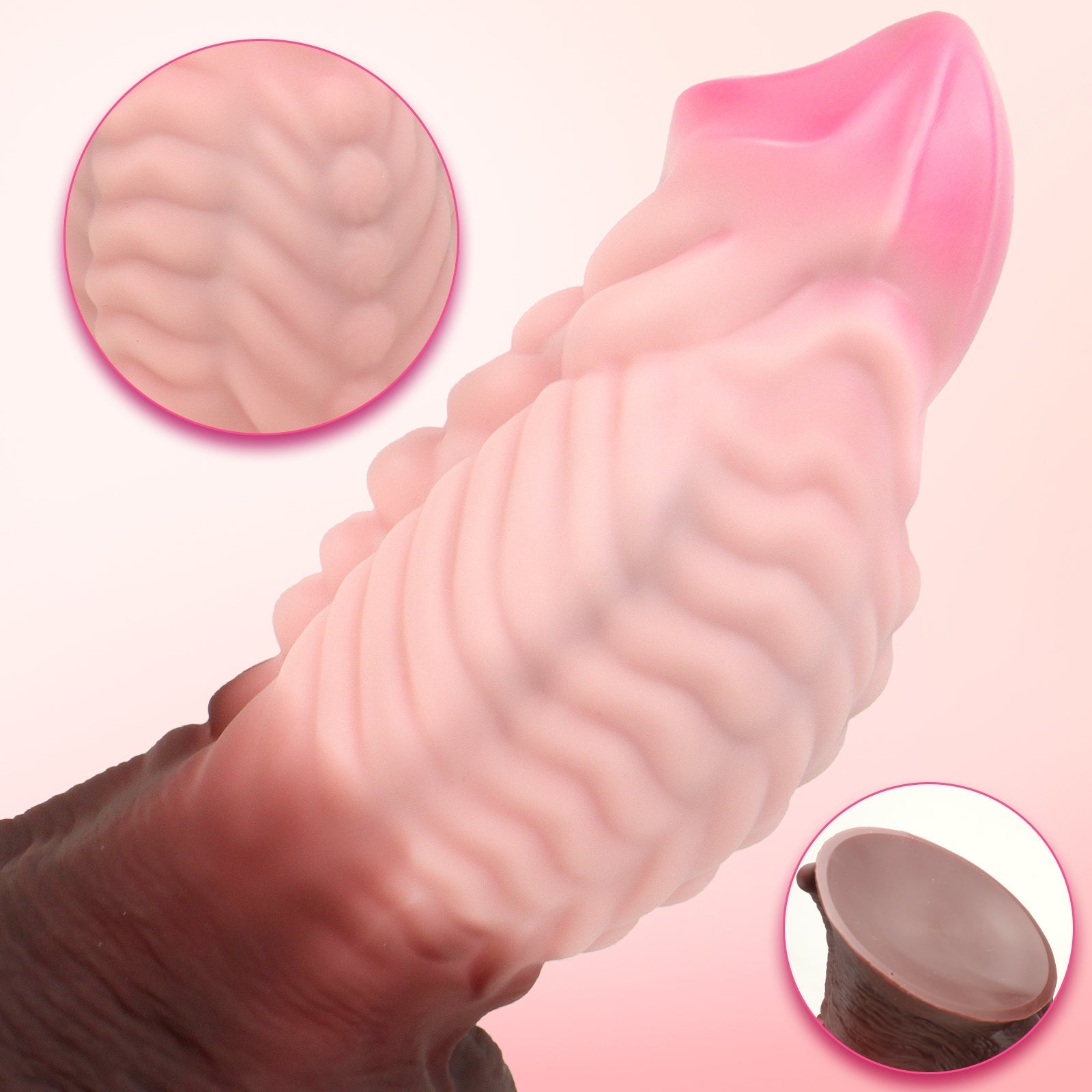 Textured Silicone Dildo with Suction Cup – Realistic Design, Pink and Brown Gradient