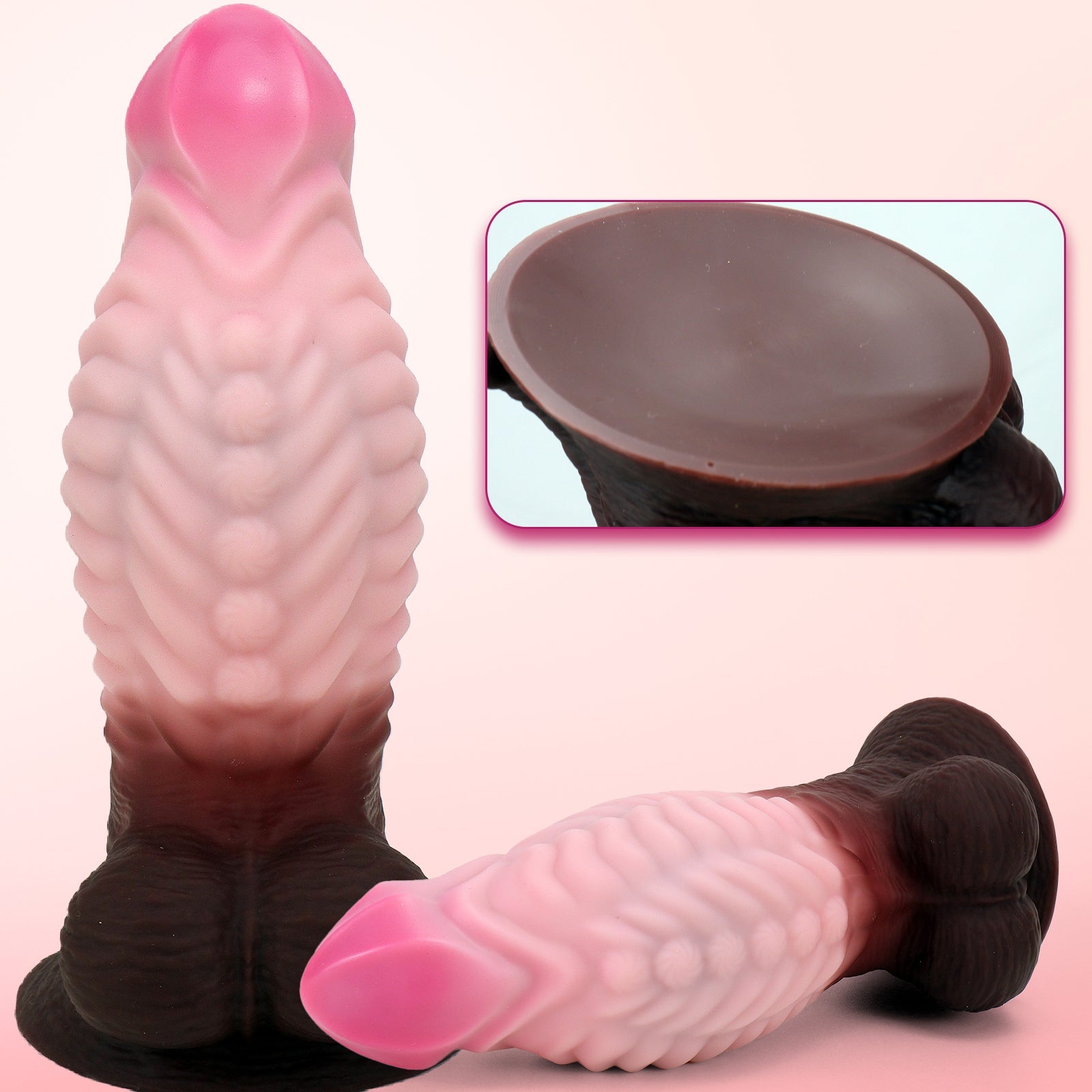 Textured Silicone Dildo with Suction Cup – Realistic Design, Pink and Brown Gradient