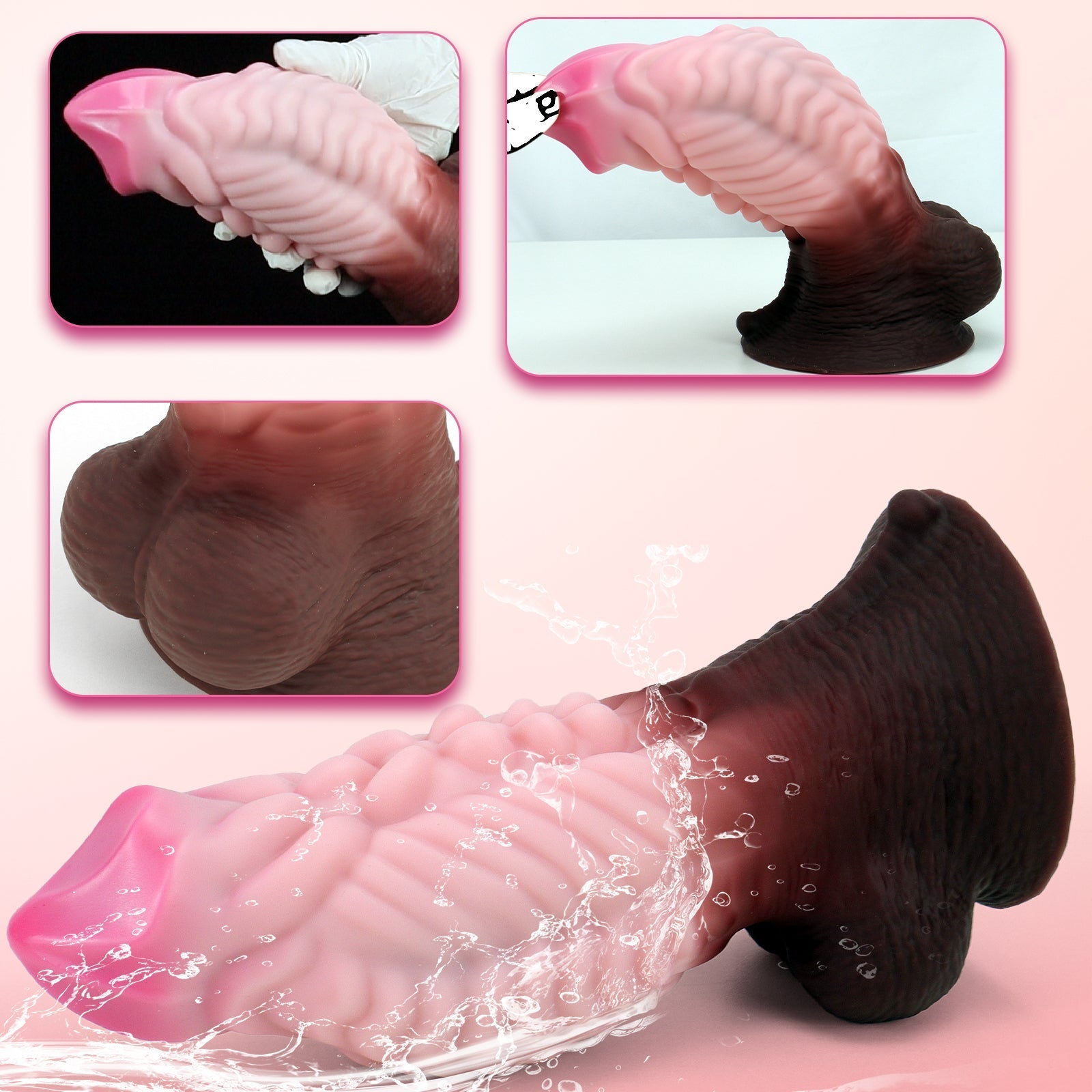 Textured Silicone Dildo with Suction Cup – Realistic Design, Pink and Brown Gradient